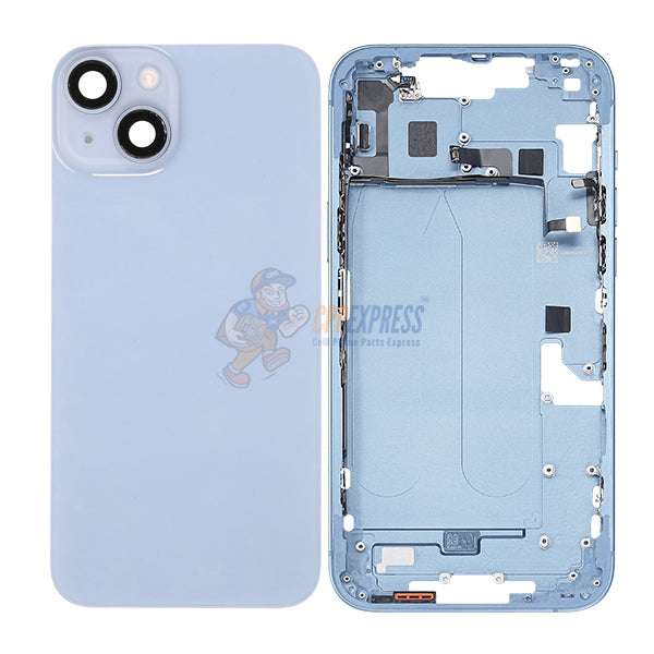 iPhone 14 Plus Mid-Frame Housing with Power/Volume Button and Back Glass with Steel Plate and Wireless Charge Flex Cable - Blue