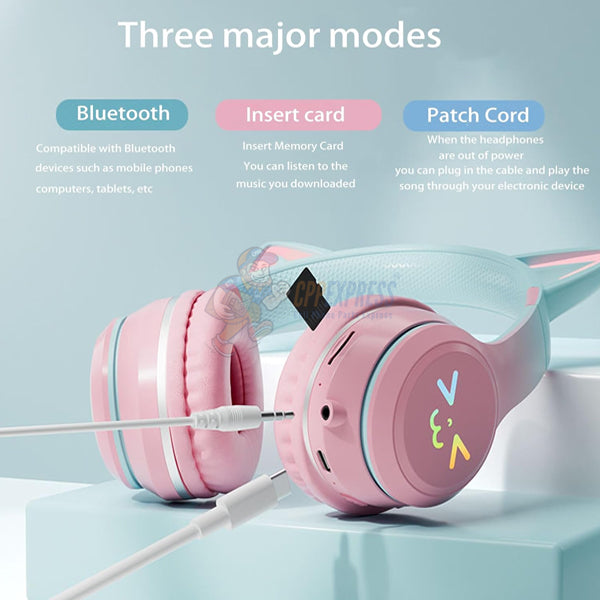 Cat Ear Bluetooth Wireless RGB LED Light Up Over-Ear Headphones