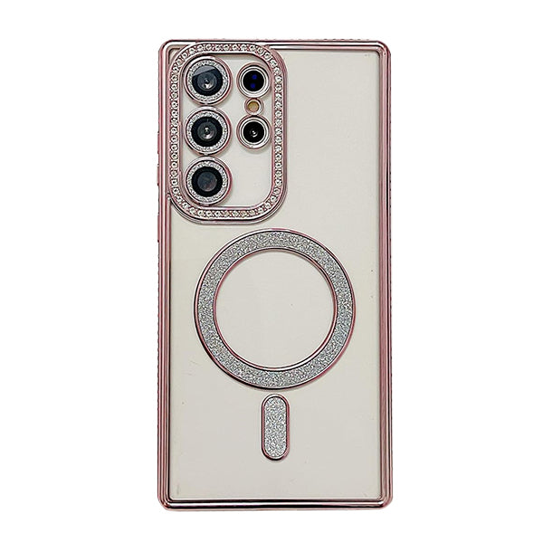 Samsung Galaxy S25 Ultra Shockproof Clear Luxury Magnetic Diamond Glitter Case - Pink
