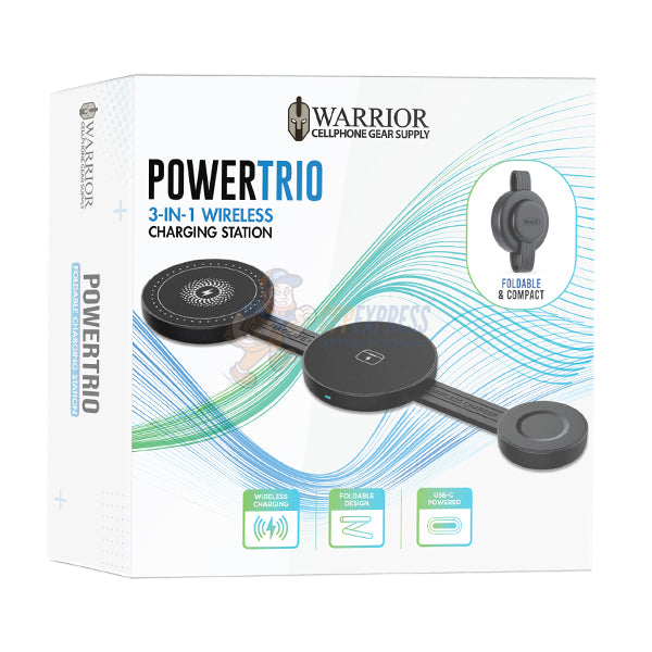 Warrior PowerTrio 3-in-1 Foldable Magnetic Wireless Charging Station - Black
