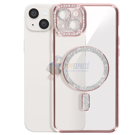 iPhone 15 Plus Shockproof Clear Luxury Magnetic Diamond Glitter Case - Pink