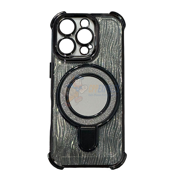 iPhone 15 Pro Shockproof Stand Glitter & Wavy Pattern Card Magsafe Case
