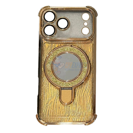 iPhone 17 Pro Glitter Wavy Pattern Mirror Case with Stand ShockProof Cover