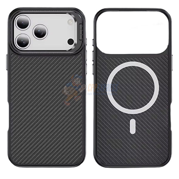 iPhone 17 Pro Max Shockproof Carbon Fiber Case with Back Camera Stand Cover