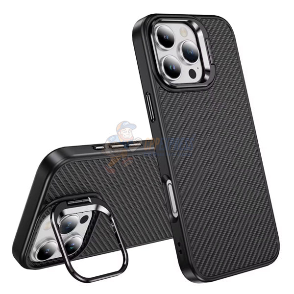 iPhone 17 Pro Max Shockproof Carbon Fiber Case with Back Camera Stand Cover