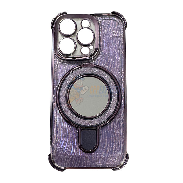iPhone 14 Pro Max Shockproof Stand Glitter & Wavy Pattern Card Magsafe Case