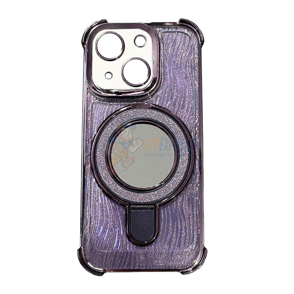 iPhone 15 Shockproof Stand Glitter & Wavy Pattern Card Magsafe Case