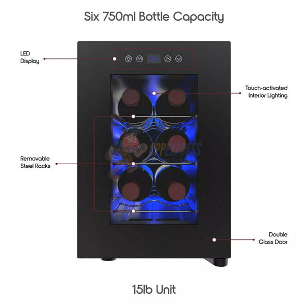 6-Bottle Wine Cooler Countertop 44-66 Temp Fridge W/ Wine Rack Freestanding