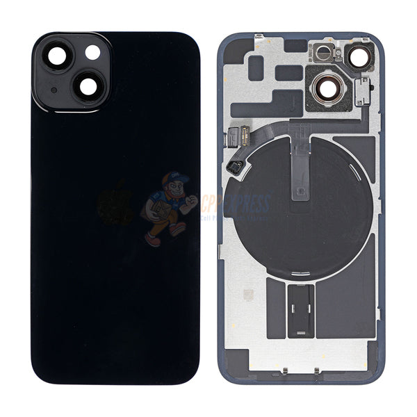 iPhone 14 MidFrame Housing with PowerVolume Button and Back Glass with Steel Plate and Wireless Charge Flex Cable - Black