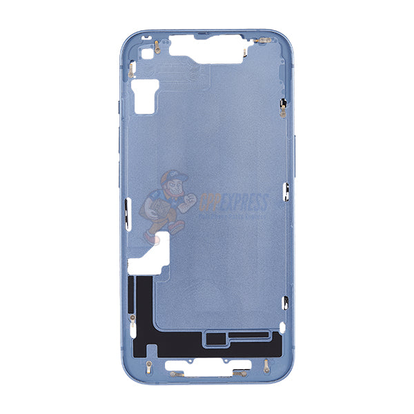 iPhone 14 MidFrame Housing with PowerVolume Button and Back Glass with Steel Plate and Wireless Charge Flex Cable - Blue