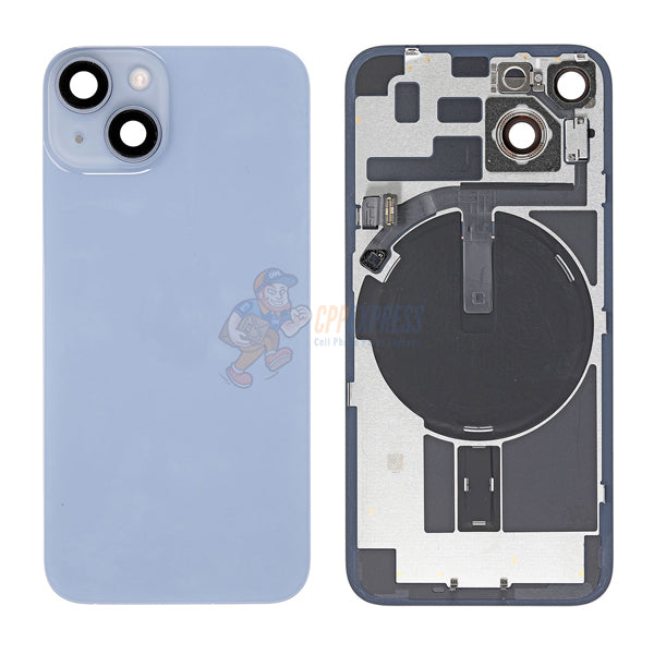 iPhone 14 MidFrame Housing with PowerVolume Button and Back Glass with Steel Plate and Wireless Charge Flex Cable - Blue