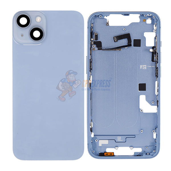 iPhone 14  Mid-Frame Housing with Power/Volume Button and Back Glass with Steel Plate and Wireless Charge Flex Cable - Blue