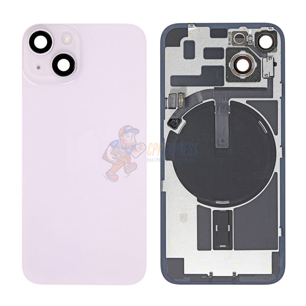 iPhone 14 MidFrame Housing with PowerVolume Button and Back Glass with Steel Plate and Wireless Charge Flex Cable - Purple