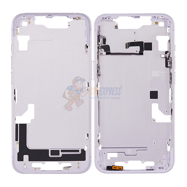 iPhone 14 MidFrame Housing with PowerVolume Button and Back Glass with Steel Plate and Wireless Charge Flex Cable - Purple