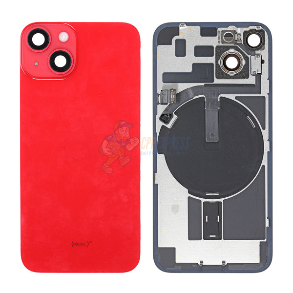 iPhone 14 MidFrame Housing with PowerVolume Button and Back Glass with Steel Plate and Wireless Charge Flex Cable - Red