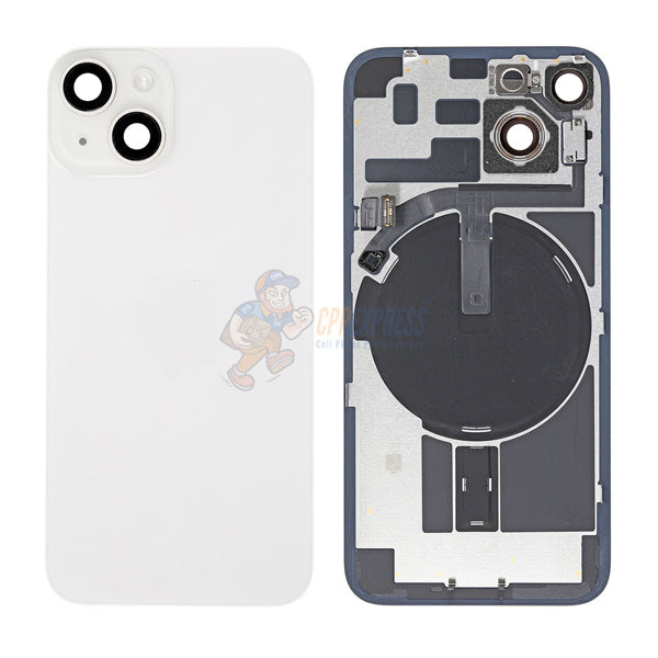 iPhone 14 MidFrame Housing with PowerVolume Button and Back Glass with Steel Plate and Wireless Charge Flex Cable - White