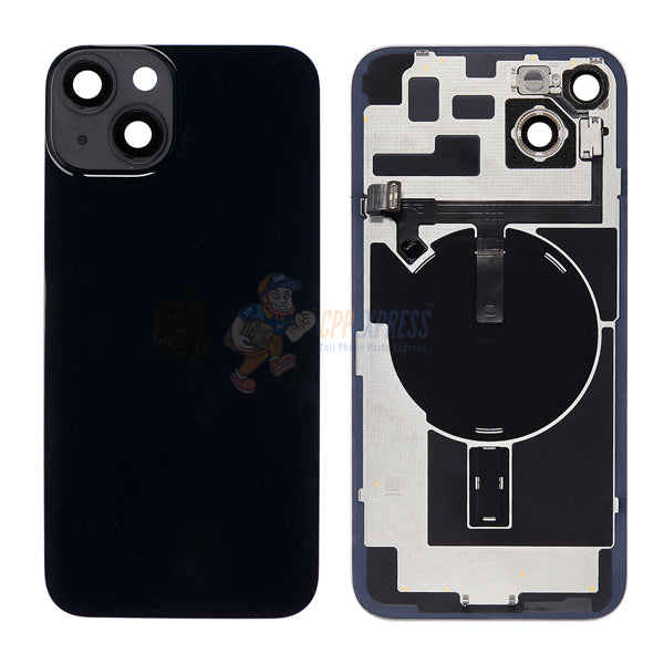 iPhone 14 Plus MidFrame Housing with PowerVolume Button and Back Glass with Steel Plate and Wireless Charge Flex Cable - Black