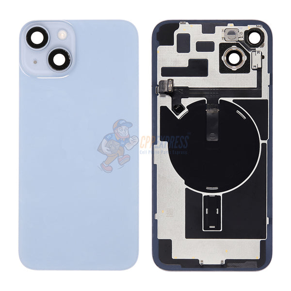 iPhone 14 Plus MidFrame Housing with PowerVolume Button and Back Glass with Steel Plate and Wireless Charge Flex Cable - Blue