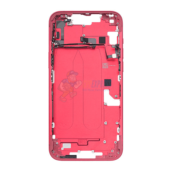 iPhone 14 Plus MidFrame Housing with PowerVolume Button and Back Glass with Steel Plate and Wireless Charge Flex Cable - Red