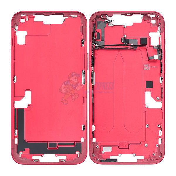 iPhone 14 Plus MidFrame Housing with PowerVolume Button and Back Glass with Steel Plate and Wireless Charge Flex Cable - Red