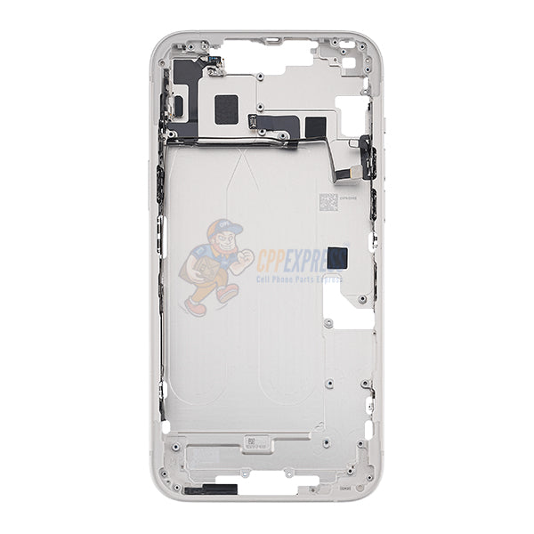 iPhone 14 Plus MidFrame Housing with PowerVolume Button and Back Glass with Steel Plate and Wireless Charge Flex Cable - White