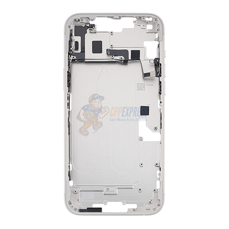 iPhone 14 Plus MidFrame Housing with PowerVolume Button and Back Glass with Steel Plate and Wireless Charge Flex Cable - White