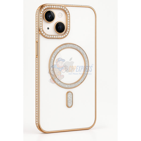 iPhone 15 Shockproof Clear Luxury Magnetic Diamond Glitter Case - Gold