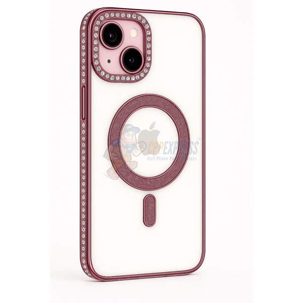 iPhone 15 Shockproof Clear Luxury Magnetic Diamond Glitter Case - Pink