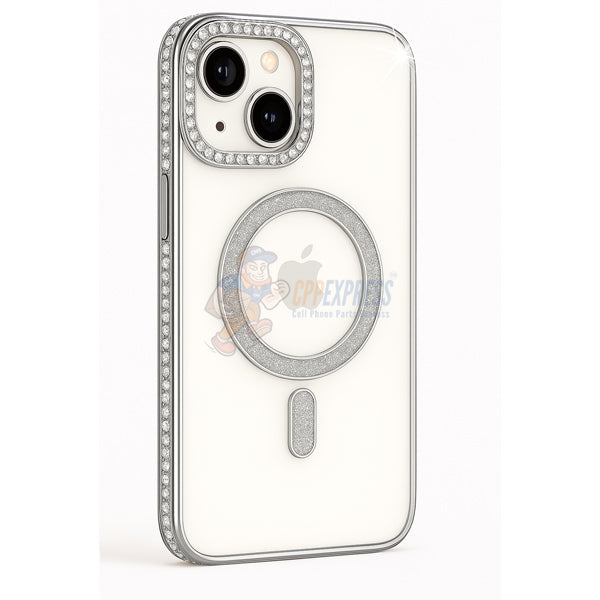 iPhone 15 Shockproof Clear Luxury Magnetic Diamond Glitter Case - Silver