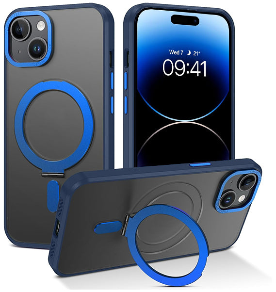 iPhone 15 Plus Shockproof Magnetic Case With Invisible Stand Holder Dark Blue