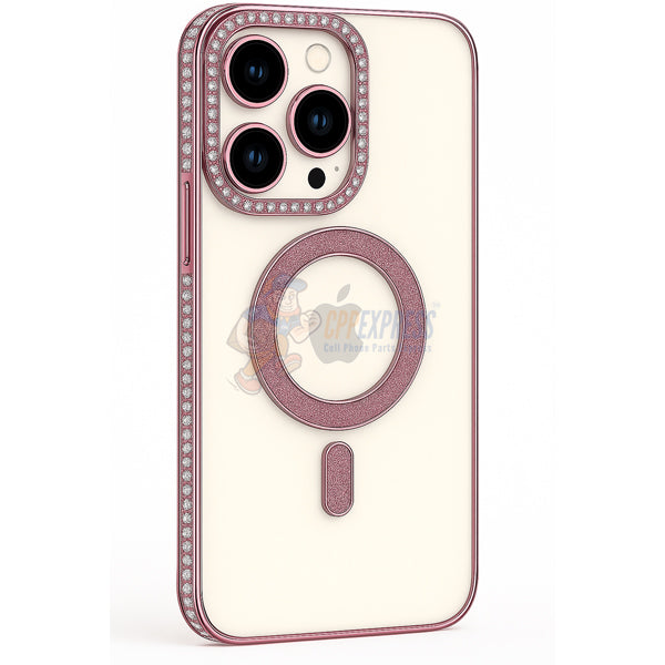 iPhone 15 Pro Max Shockproof Clear Luxury Magnetic Diamond Glitter Case - Pink