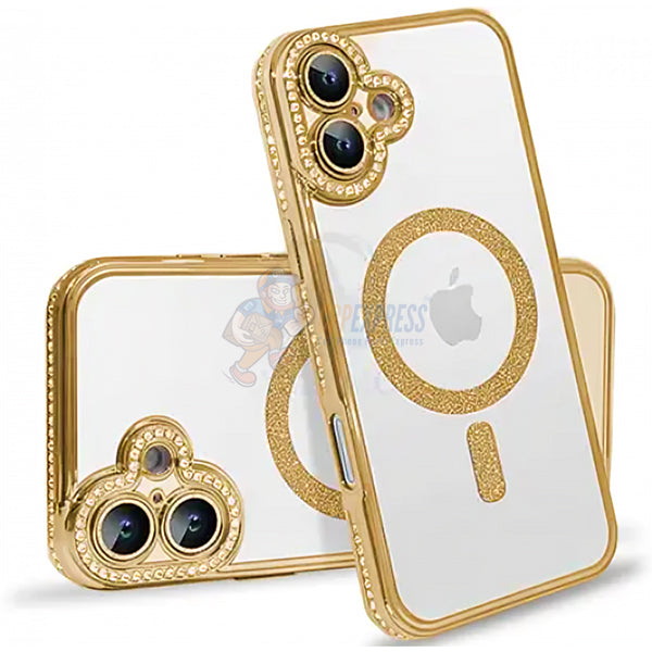 iPhone 16 Shockproof Clear Luxury Magnetic Diamond Glitter Case - Gold