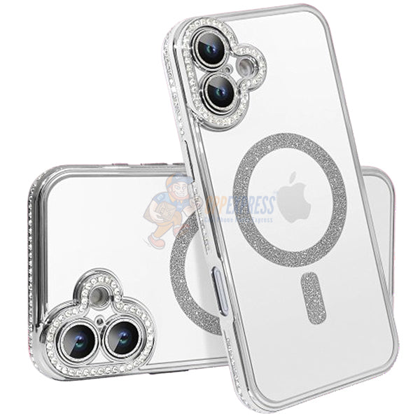 iPhone 16 Plus Shockproof Clear Luxury Magnetic Diamond Glitter Case - Silver