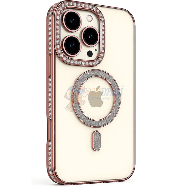 iPhone 16 Pro Shockproof Clear Luxury Magnetic Diamond Glitter Case - Pink