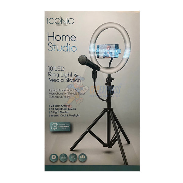 Iconic Home Studio 10-In LED Ring Light Media Station Tripod for Smartphone