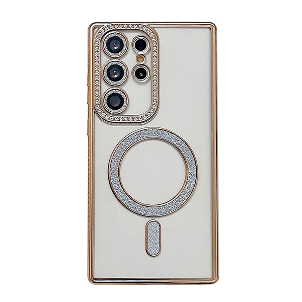 Samsung Galaxy S24 Ultra Shockproof Clear Luxury Magnetic Diamond Glitter Case - Gold