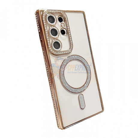 Samsung Galaxy S24 Ultra Shockproof Clear Luxury Magnetic Diamond Glitter Case - Gold