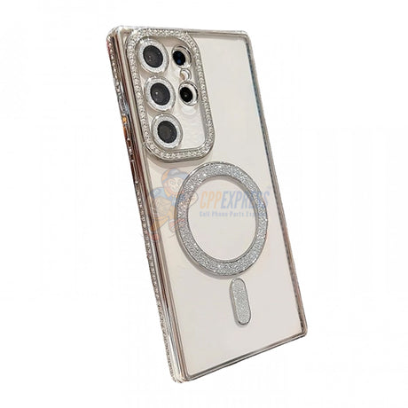 Samsung Galaxy S24 Ultra Shockproof Clear Luxury Magnetic Diamond Glitter Case - Silver