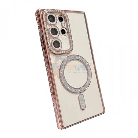 Samsung Galaxy S25 Ultra Shockproof Clear Luxury Magnetic Diamond Glitter Case - Pink