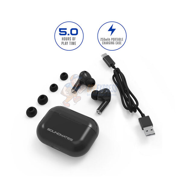 Tzumi Soundmates V2 Bluetooth Wireless Charging Stereo Earbuds with Portable Case Black