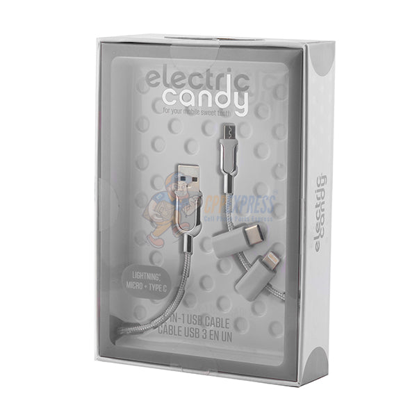 Tzumi Electric Candy 3 in 1 iPhone Type C Micro USB Cable in Silver/White