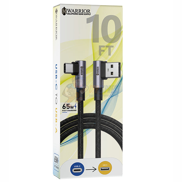 Warrior USB-C to USB-A 10FT Premium Braided 65W Fast Charging Data Sync Cable