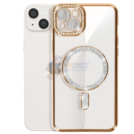 iPhone 15 Plus Shockproof Clear Luxury Magnetic Diamond Glitter Case - Gold