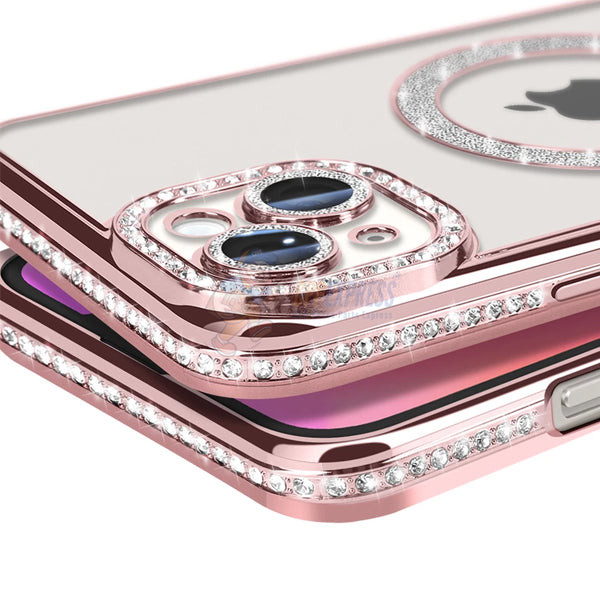 iPhone 15 Plus Shockproof Clear Luxury Magnetic Diamond Glitter Case - Pink