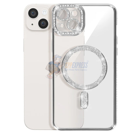 iPhone 15 Plus Shockproof Clear Luxury Magnetic Diamond Glitter Case - Silver