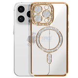 iPhone 15 Pro Shockproof Clear Luxury Magnetic Diamond Glitter Case - Gold