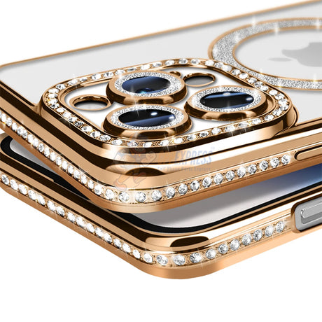 iPhone 15 Pro Shockproof Clear Luxury Magnetic Diamond Glitter Case - Gold