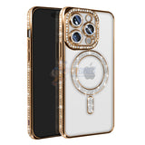 iPhone 15 Pro Shockproof Clear Luxury Magnetic Diamond Glitter Case - Gold