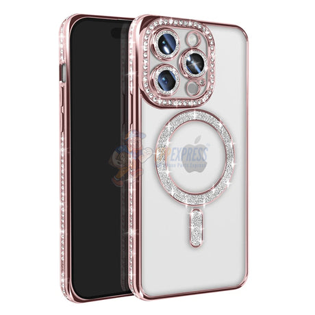 iPhone 15 Pro Shockproof Clear Luxury Magnetic Diamond Glitter Case - Pink