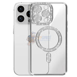 iPhone 15 Pro Shockproof Clear Luxury Magnetic Diamond Glitter Case - Silver
